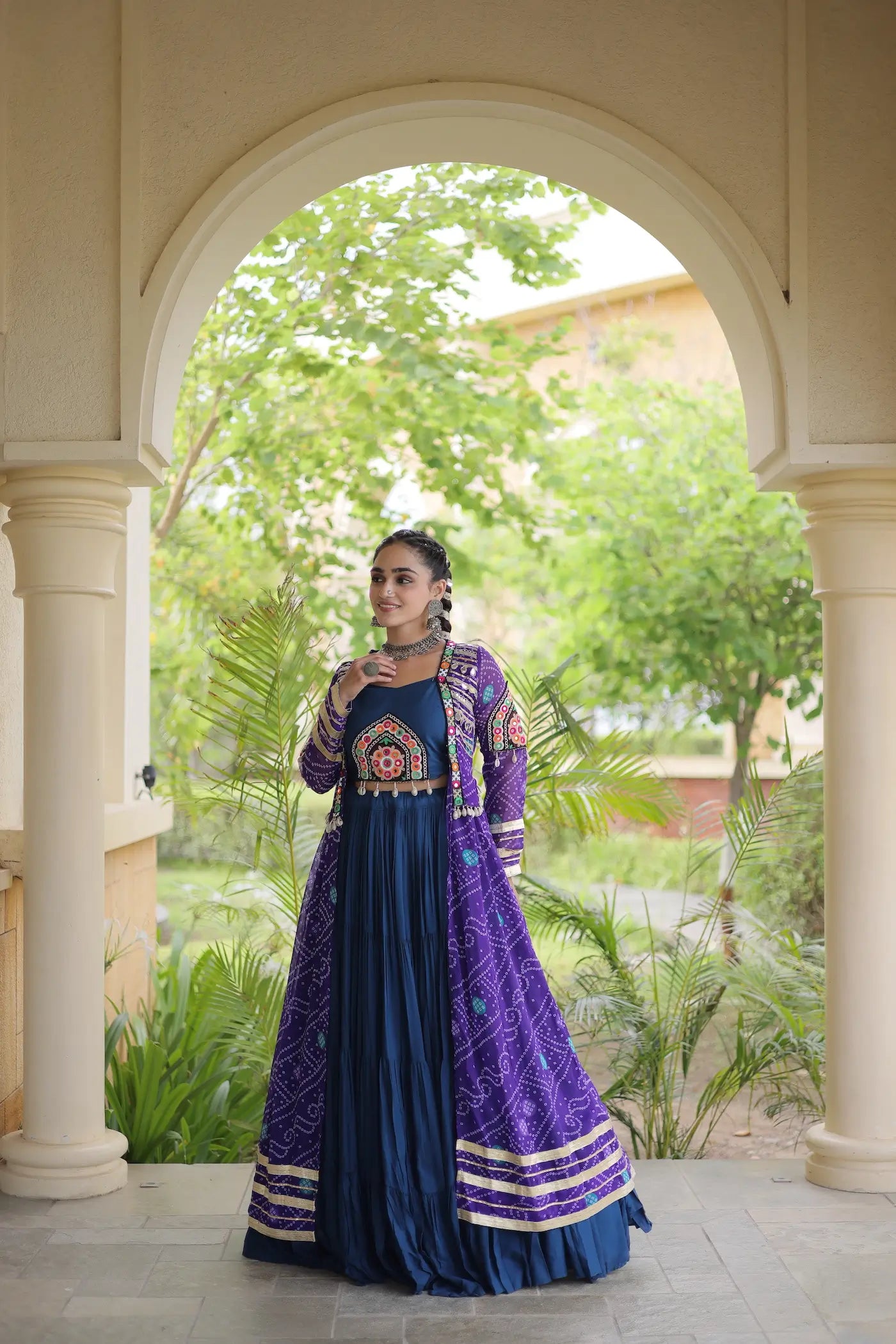 Blue-Purple Patch Work Navratri Lehenga With Shrug