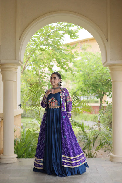 Blue-Purple Patch Work Navratri Lehenga With Shrug