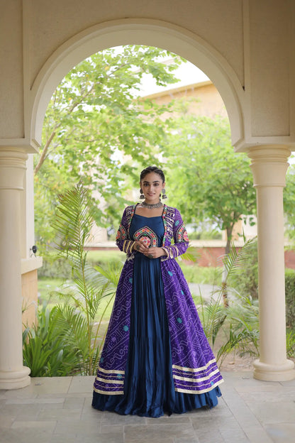 Blue-Purple Patch Work Navratri Lehenga With Shrug