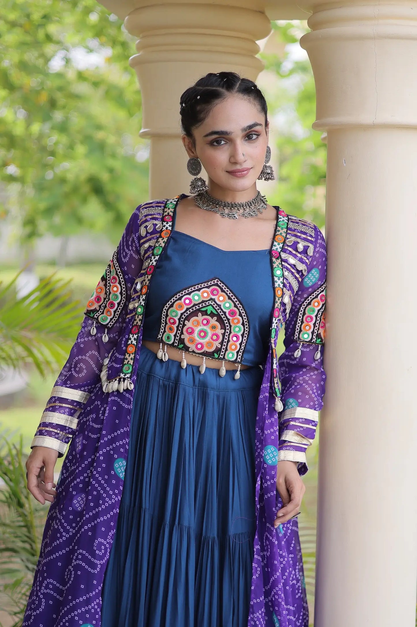 Blue-Purple Patch Work Navratri Lehenga With Shrug