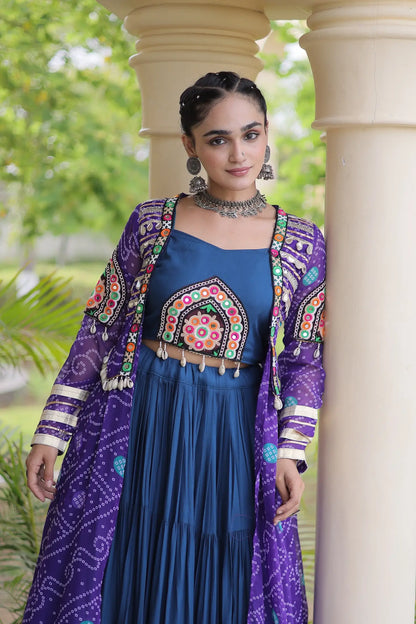 Blue-Purple Patch Work Navratri Lehenga With Shrug