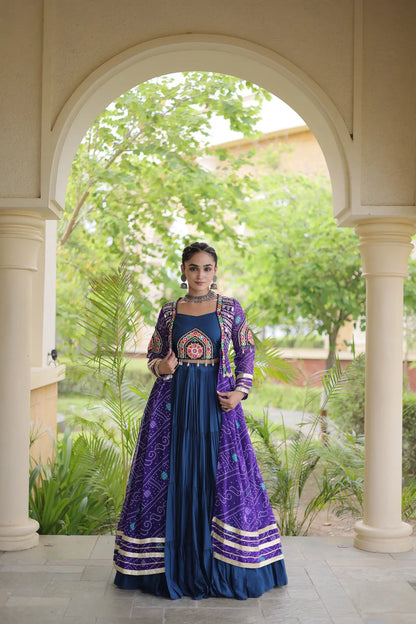 Blue-Purple Patch Work Navratri Lehenga With Shrug