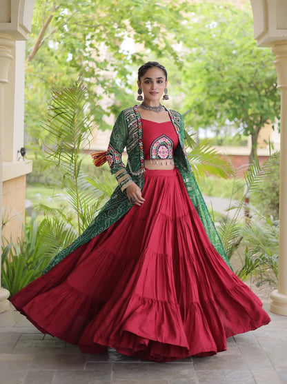 Maroon-Green Patch Work Navratri Lehenga With Shrug