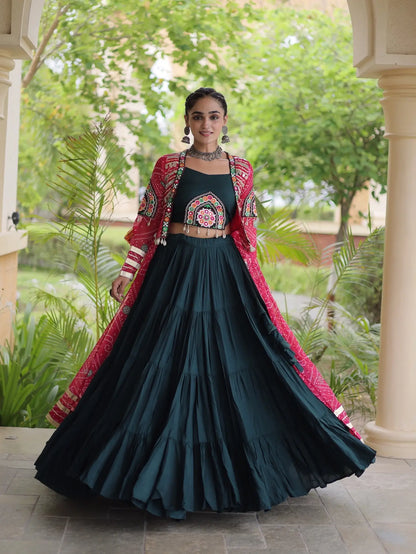 Green-Pink Patch Work Navratri Lehenga With Shrug