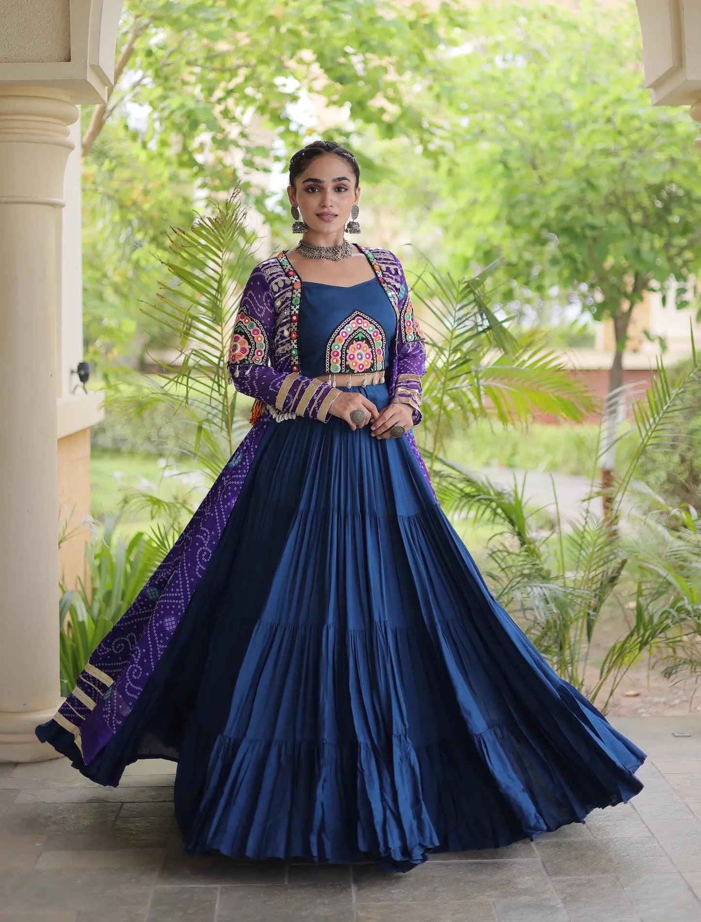 Blue-Purple Patch Work Navratri Lehenga With Shrug