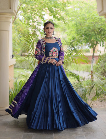 Blue-Purple Patch Work Navratri Lehenga With Shrug