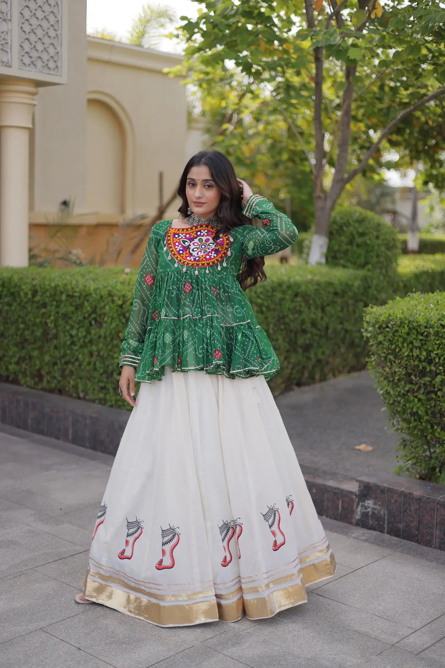 Green-White Garba Chaniya choli With Gamthi Patch Work