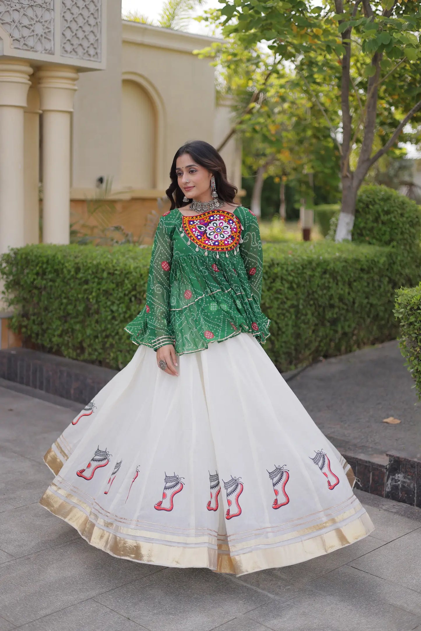 Green-White Garba Chaniya choli With Gamthi Patch Work