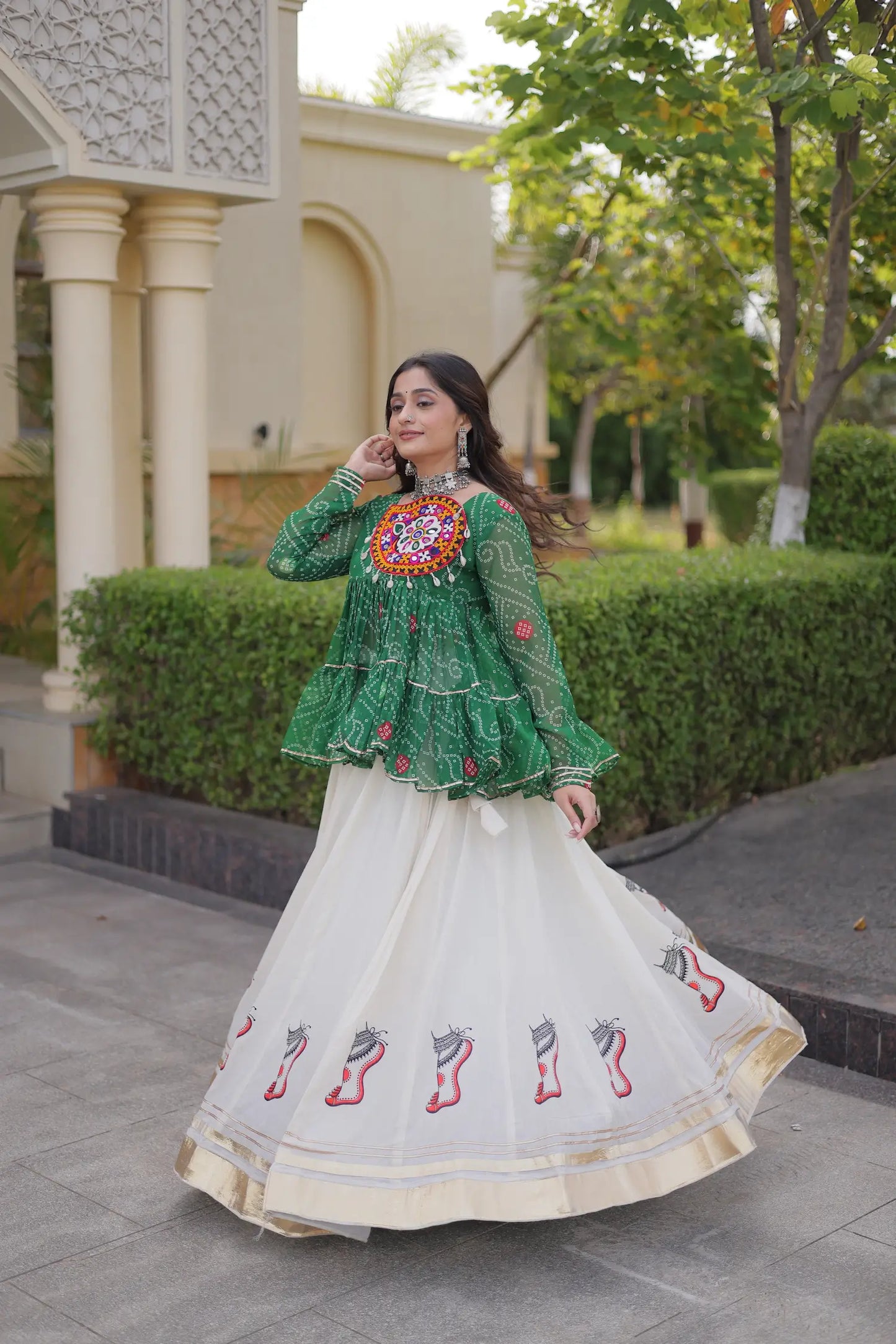 Green-White Garba Chaniya choli With Gamthi Patch Work