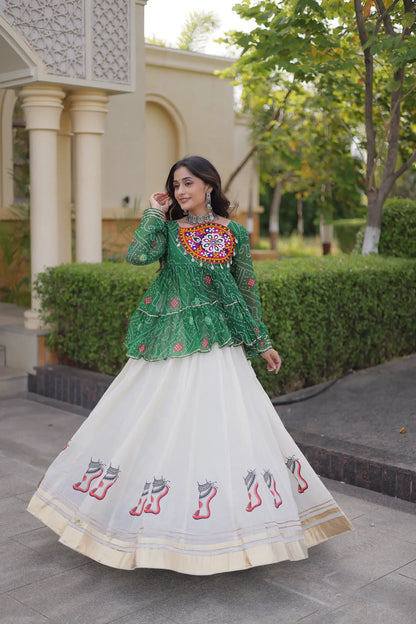 Green-White Garba Chaniya choli With Gamthi Patch Work