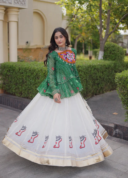 Green-White Garba Chaniya choli With Gamthi Patch Work