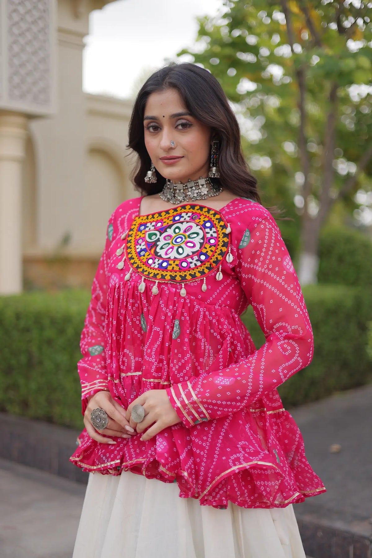 Pink-White Garba Chaniya choli With Gamthi Patch Work