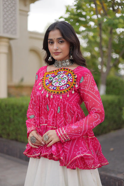 Pink-White Garba Chaniya choli With Gamthi Patch Work