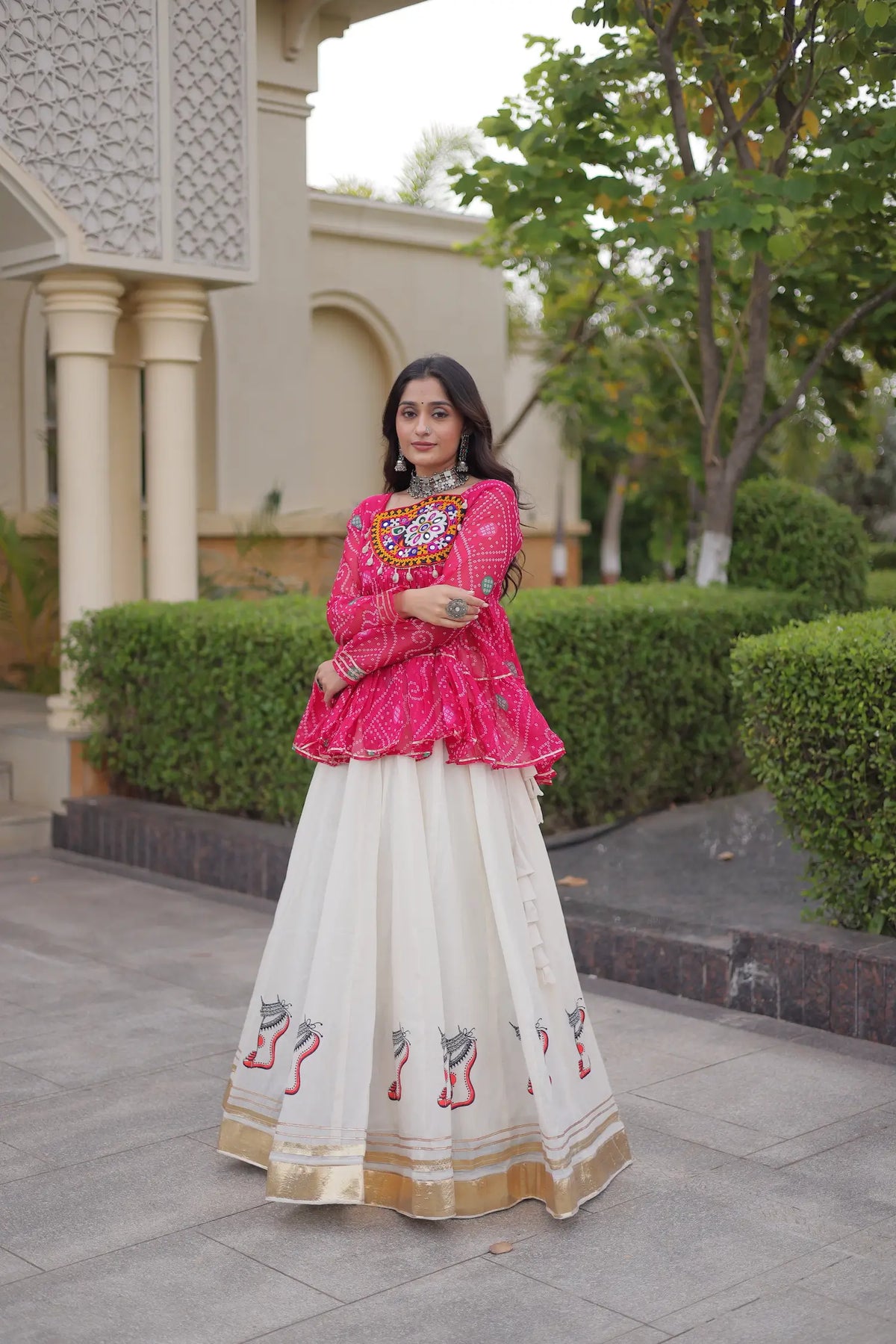 Pink-White Garba Chaniya choli With Gamthi Patch Work