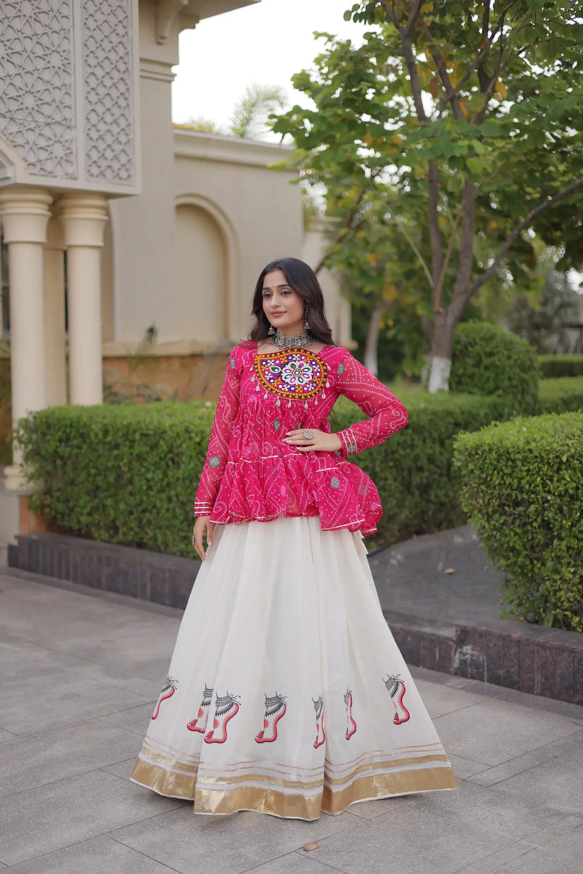 Pink-White Garba Chaniya choli With Gamthi Patch Work