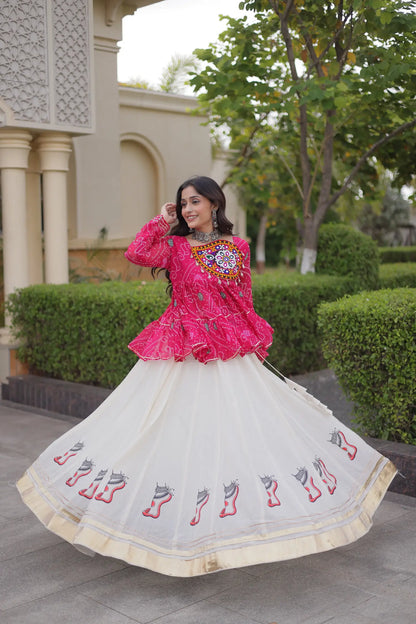Pink-White Garba Chaniya choli With Gamthi Patch Work