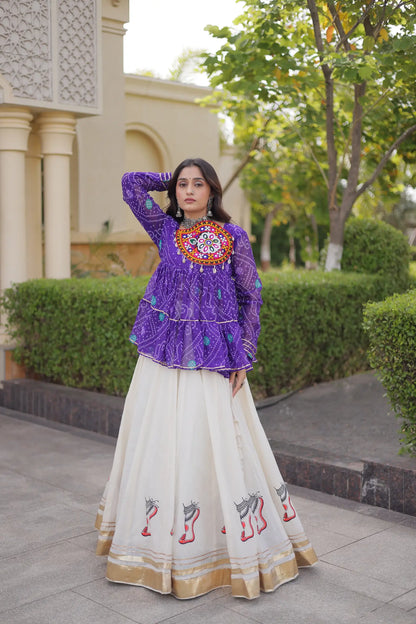 Purple-White Garba Chaniya choli With Gamthi Patch Work
