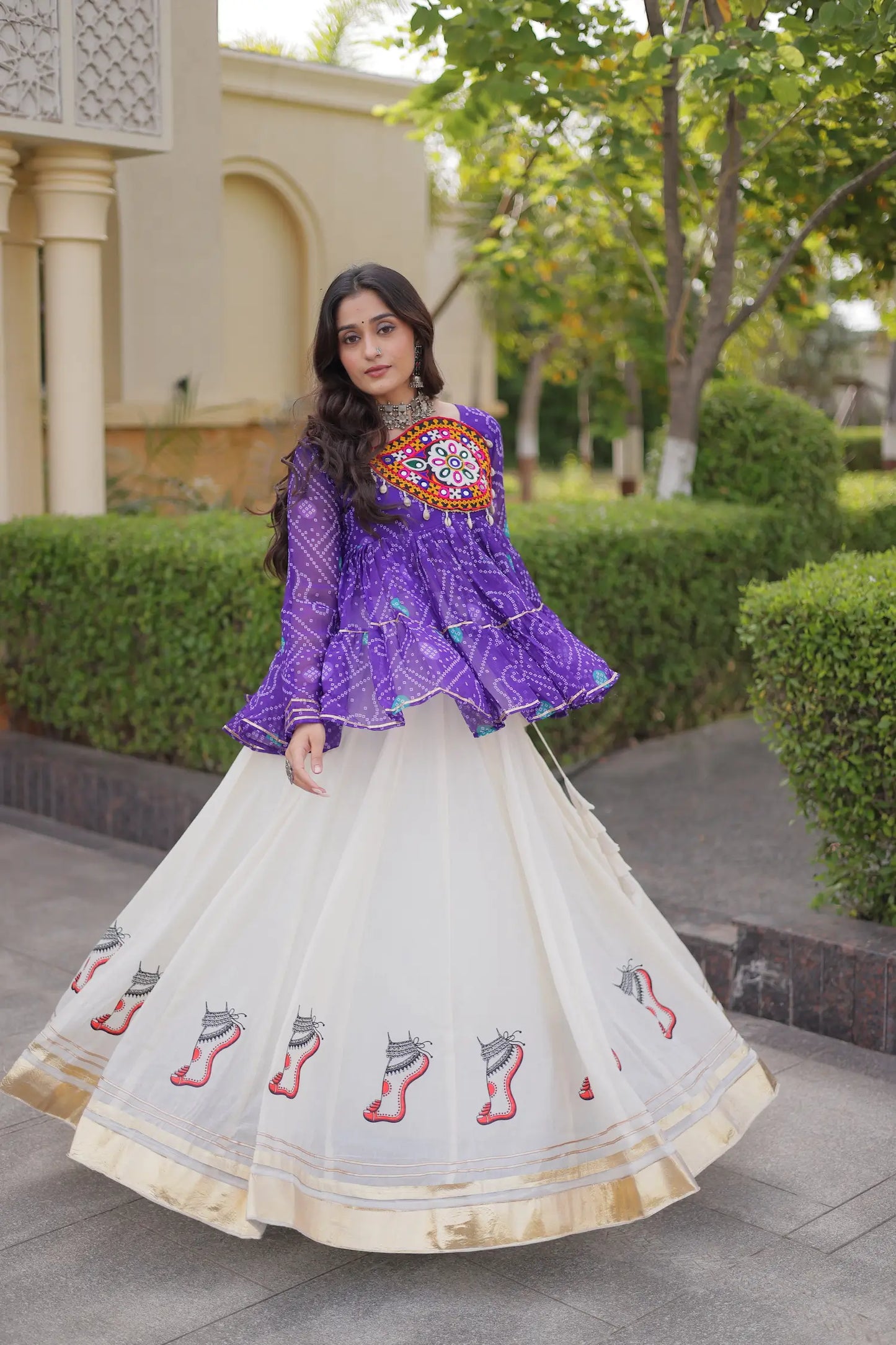 Purple-White Garba Chaniya choli With Gamthi Patch Work