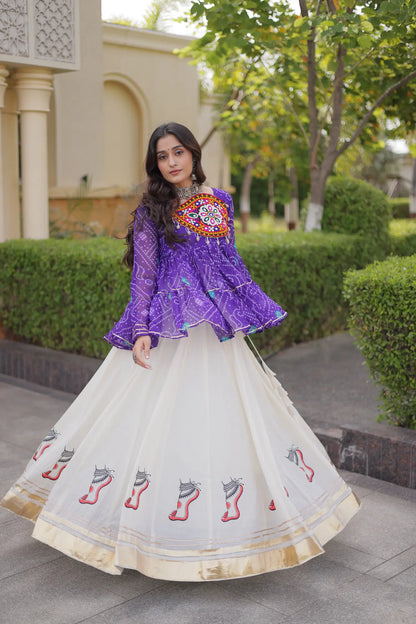 Purple-White Garba Chaniya choli With Gamthi Patch Work