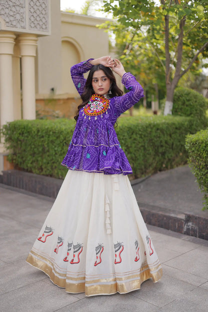 Purple-White Garba Chaniya choli With Gamthi Patch Work