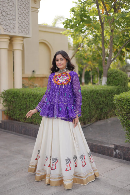 Purple-White Garba Chaniya choli With Gamthi Patch Work