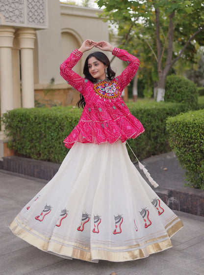 Pink-White Garba Chaniya choli With Gamthi Patch Work