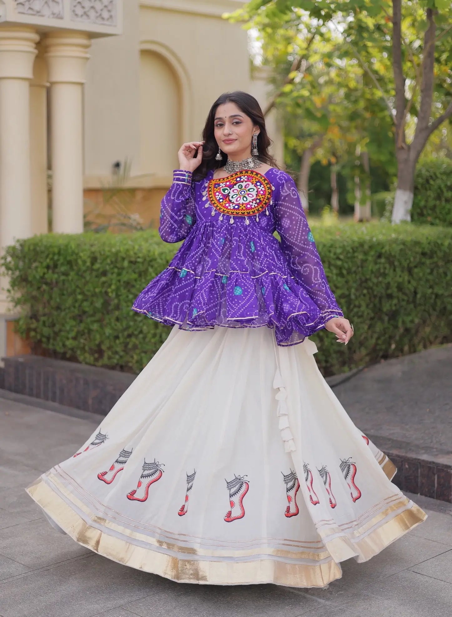 Purple-White Garba Chaniya choli With Gamthi Patch Work