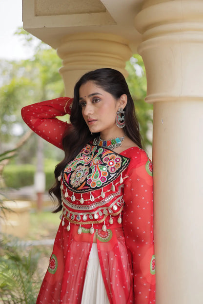 Red Garba Chaniya Choli With Mirror Gamthi Work
