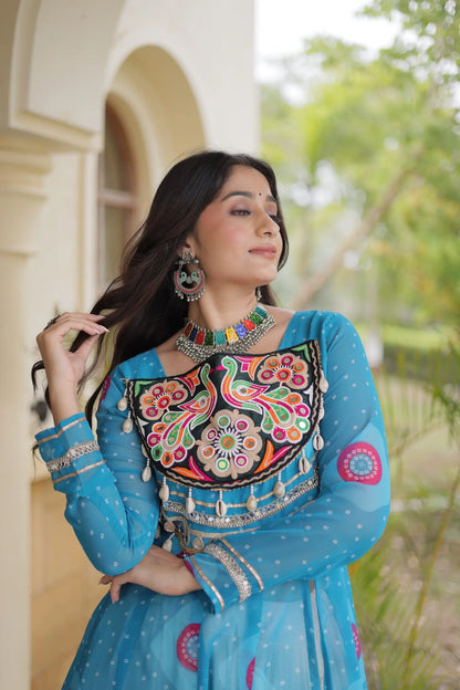 Sky Blue Garba Chaniya Choli With Mirror Gamthi Work