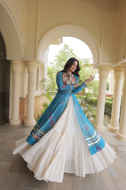 Sky Blue Garba Chaniya Choli With Mirror Gamthi Work