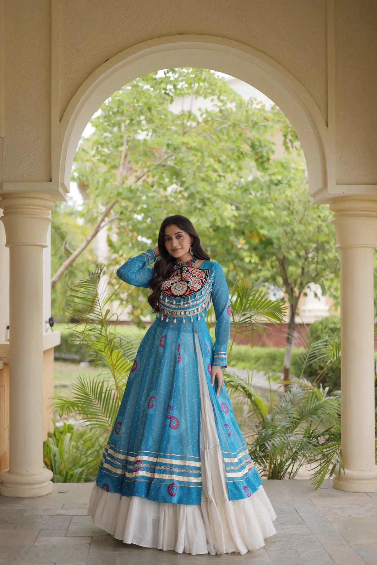 Sky Blue Garba Chaniya Choli With Mirror Gamthi Work