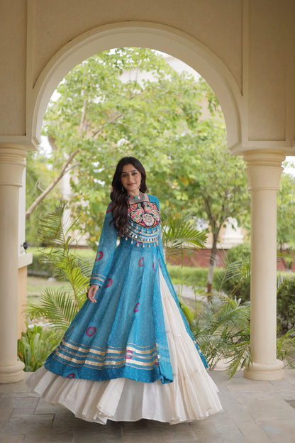 Sky Blue Garba Chaniya Choli With Mirror Gamthi Work