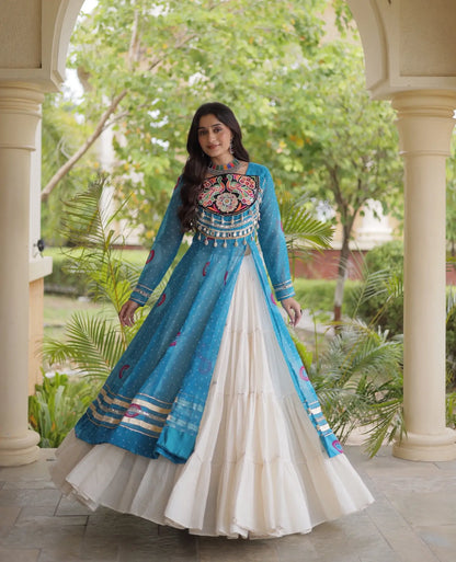 Sky Blue Garba Chaniya Choli With Mirror Gamthi Work