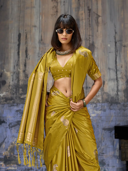 Mustard Gold Zari Weaving Saree