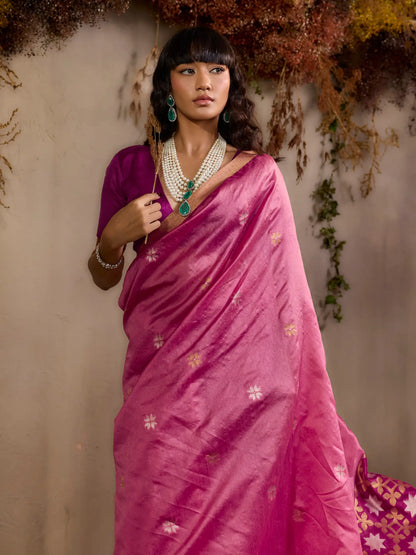 Rosy Pink Tussar Silk Zari Weaving Saree