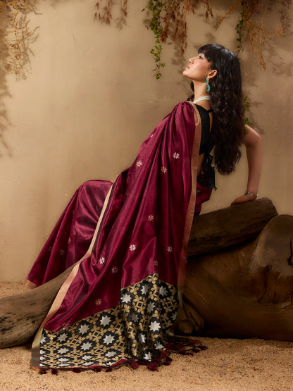 Rich Maroon Tussar Silk Zari Weaving Saree