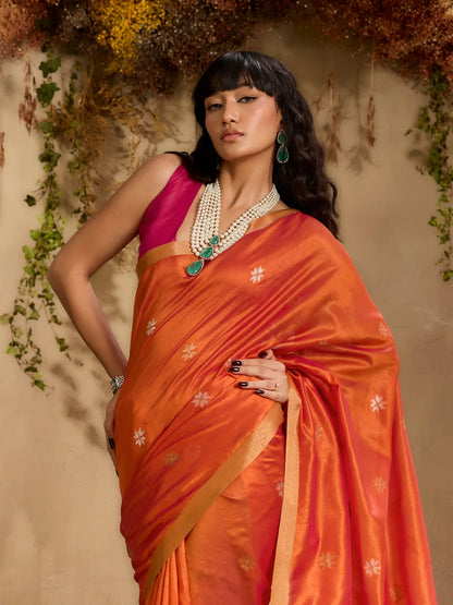Bright Orange Tussar Silk Zari Weaving Saree