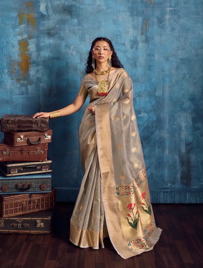Dove Grey Tissue Paithani Saree