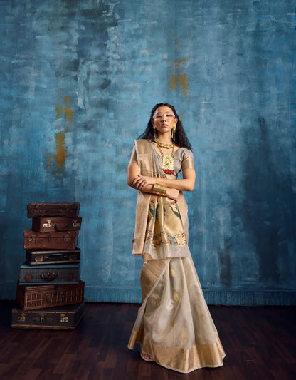 Dove Grey Tissue Paithani Saree