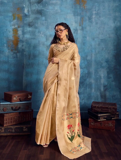Gold Beige Tissue Paithani Saree