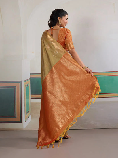 Dusty Yellow Tussar Silk Weaving Work Saree