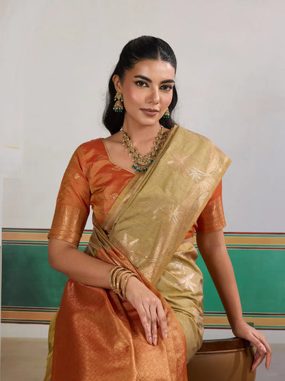 Dusty Yellow Tussar Silk Weaving Work Saree