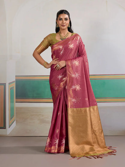 Dark Rose Tussar Silk Weaving Work Saree