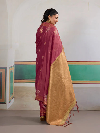 Dark Rose Tussar Silk Weaving Work Saree