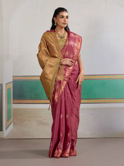 Dark Rose Tussar Silk Weaving Work Saree