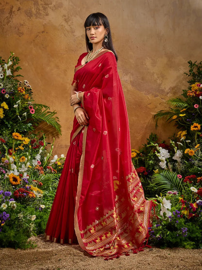 Cornell Red Zari weaving Tussar Silk Saree