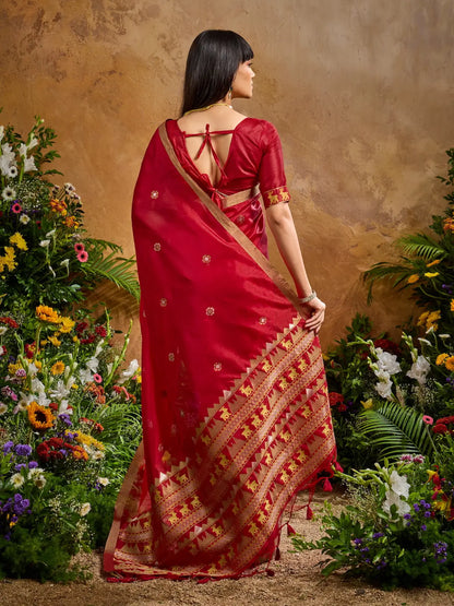 Cornell Red Zari weaving Tussar Silk Saree