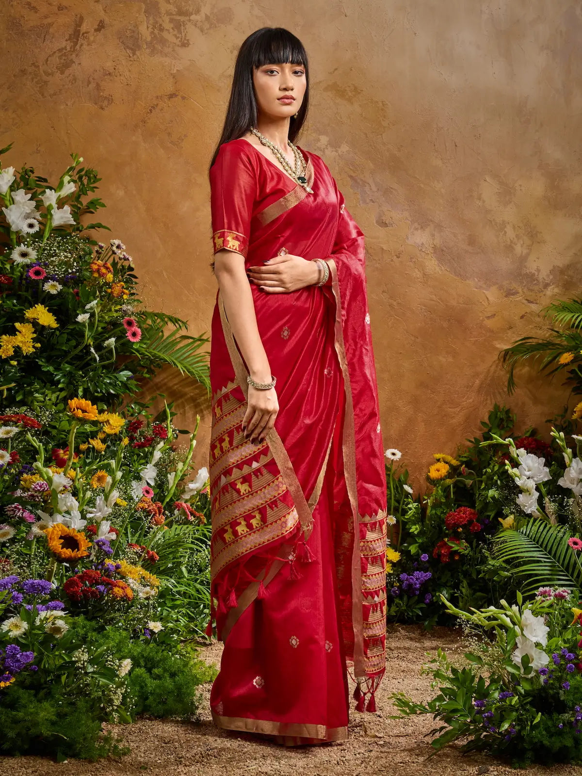 Cornell Red Zari weaving Tussar Silk Saree