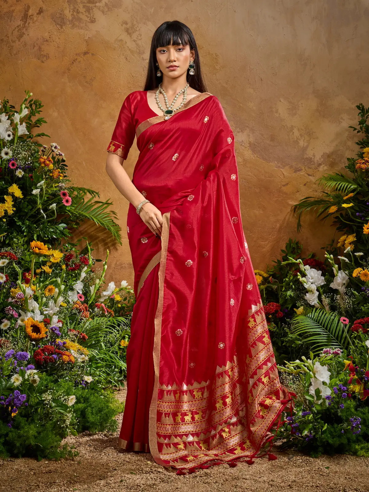 Cornell Red Zari weaving Tussar Silk Saree