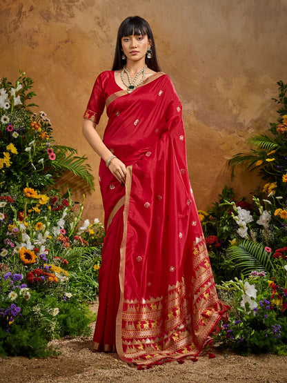 Cornell Red Zari weaving Tussar Silk Saree